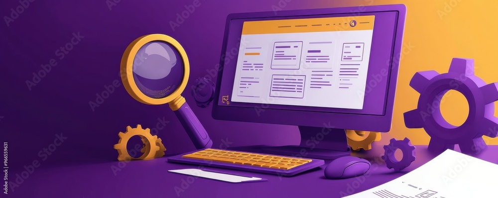 Poster Stylized computer setup with yellow magnifying glass and gears showcasing web development and digital design concepts