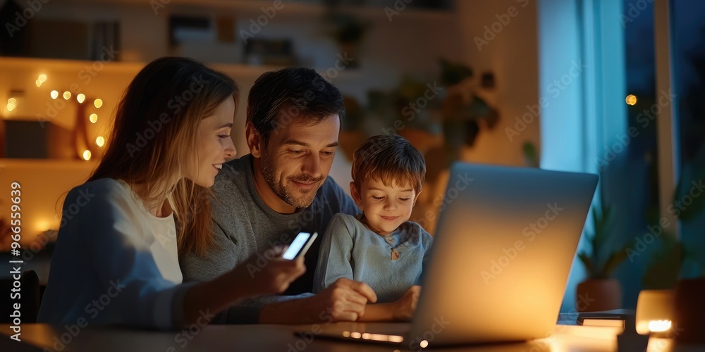 Poster A family in a stylish home office uses a smart device to control the lighting and thermostat, creating a productive and comfortable workspace with advanced technology.