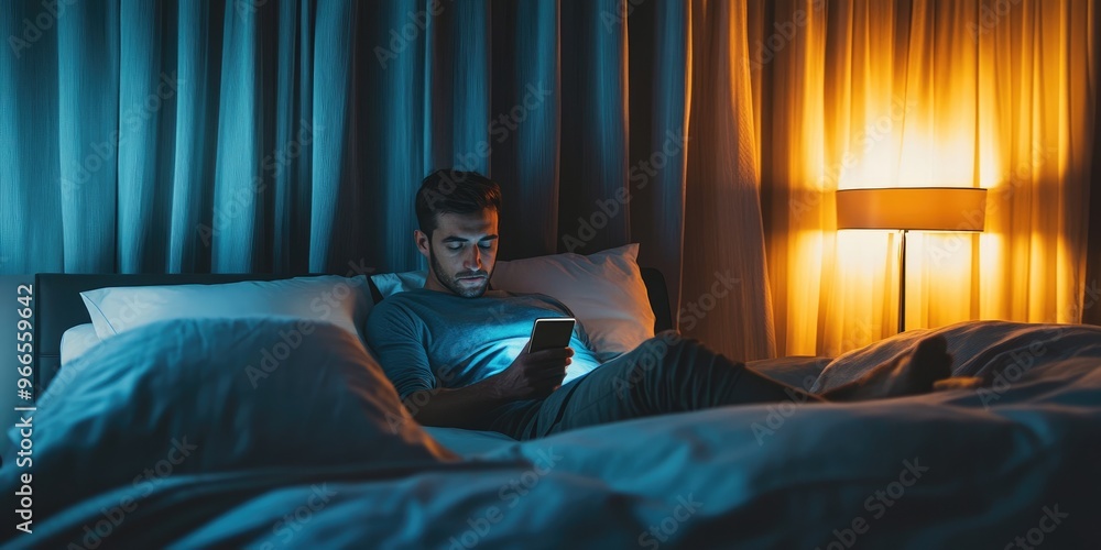 Poster A man in a sleek bedroom uses a touch-screen device to control the lighting and temperature, creating a serene and comfortable setting for relaxation.