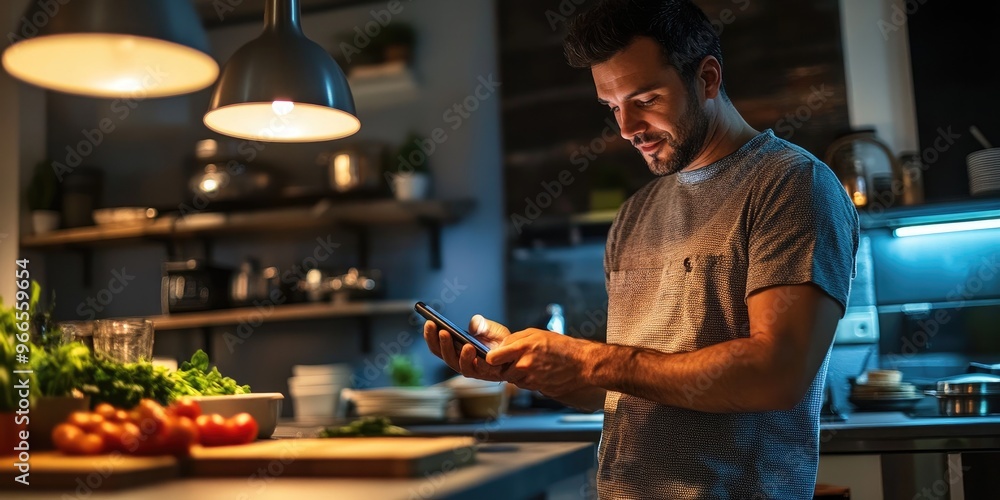 Poster a man in a modern kitchen uses a smart device to adjust lighting and temperature, creating a cozy an