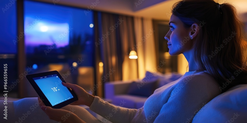 Poster a woman in a high-tech living room uses a touch-screen device to regulate the lighting and temperatu
