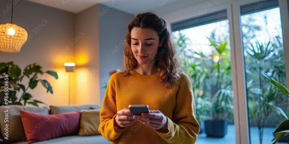 Aufkleber a woman in a modern living room uses a smart home app to adjust the lighting and thermostat, creatin
