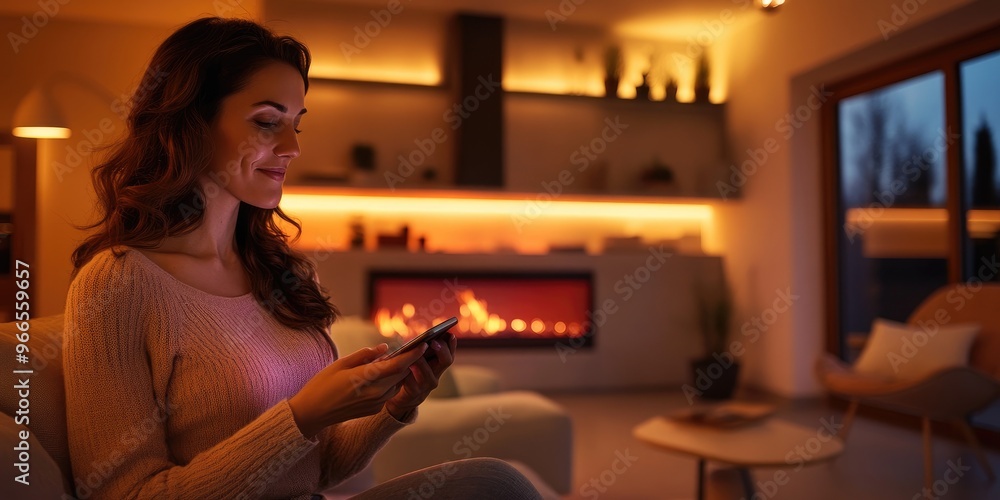 Poster a woman in a modern living room uses a smart device to control the lighting and temperature, establi