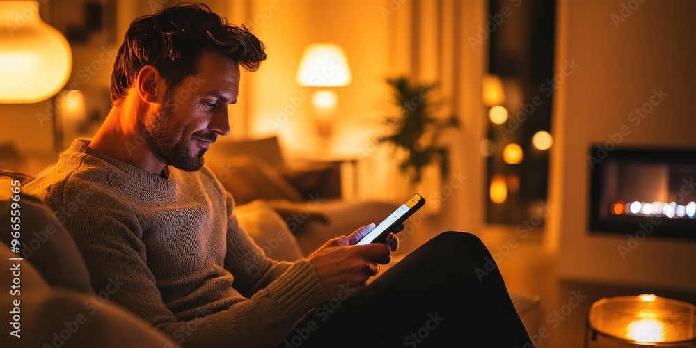 Poster A man in a stylish living room uses a smart home app to manage the lighting and temperature, creating a cozy and inviting environment with advanced technology.