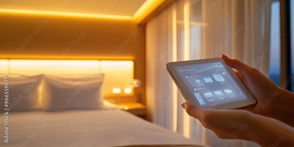 Poster A person in a modern bedroom uses a touch-screen device to manage the lighting and temperature, creating a serene and comfortable atmosphere with smart technology.