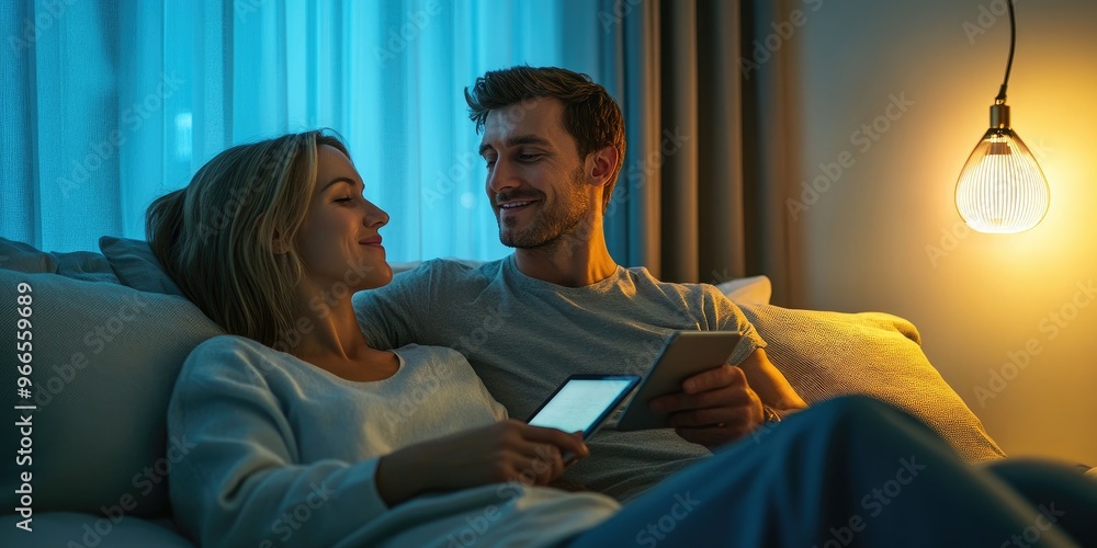 Poster a couple relaxes in their bedroom, adjusting the thermostat and lighting via a tablet, crafting a co