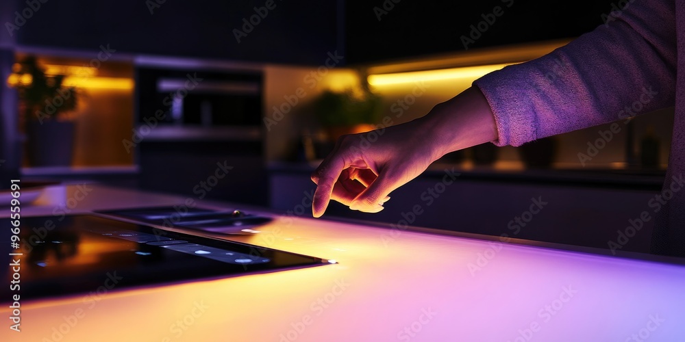 Aufkleber an individual in a high-tech kitchen uses a touch-screen panel to manage the smart lighting system, 