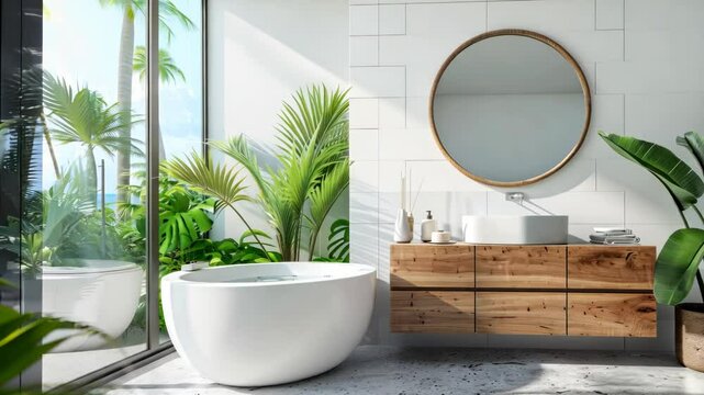 Modern minimalist wooden accent bathroom, with plant  decoration white palette 