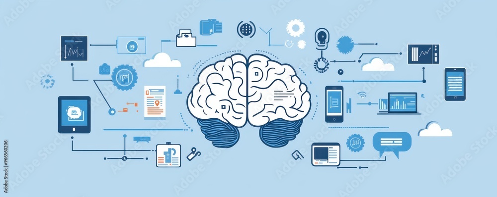 Poster digital brain with interconnected technology icons representing ai, data, and innovation in a virtua
