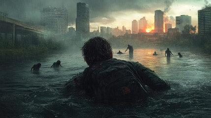 A man is swimming in a river with a group of people