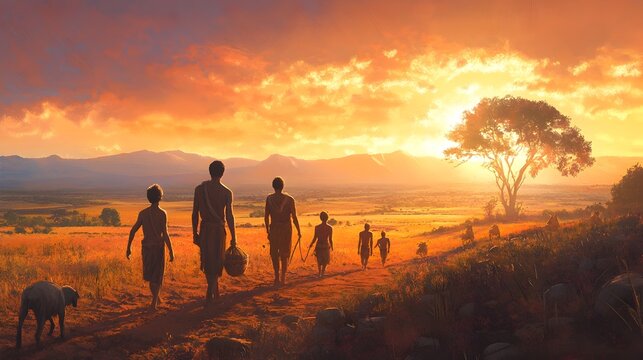 Depiction of Human Ancestors Transitioning from Hunter Gatherers to Early Agriculture