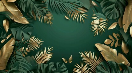 Naklejka premium Golden and Green Tropical Leaf Frame with Empty Center
