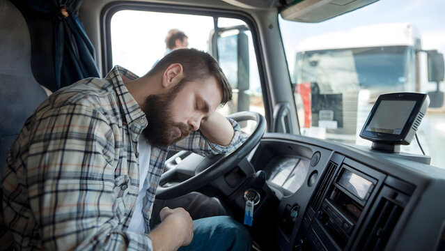 Tired Bearded Man in a Checkered Shirt Resting His Head in a Truck Cabin, Battling Driver Fatigue