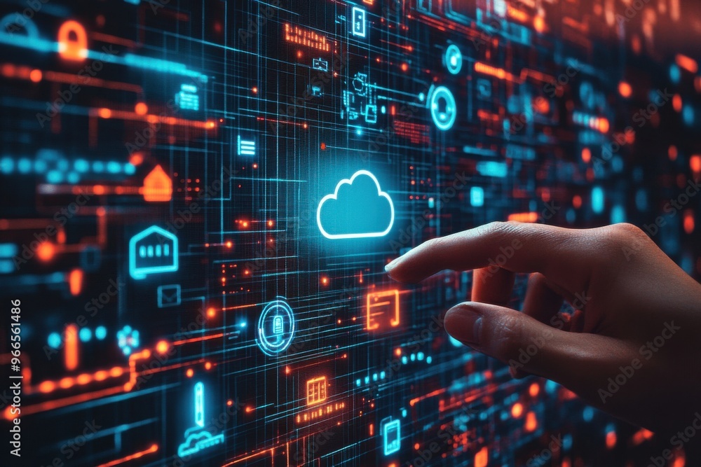 Poster hand interacting with digital graphic featuring cloud computing icons and data network in futuristic