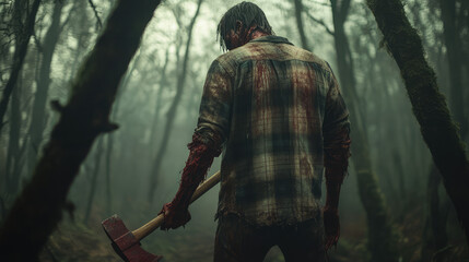 A zombie lumberjack with a rusted axe in hand, flannel shirt torn and bloody, decayed flesh hanging from bones, standing in a creepy forest.