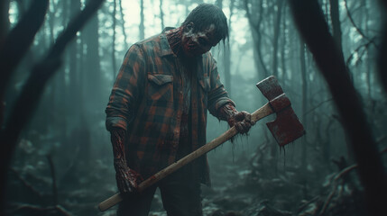 A zombie lumberjack with a rusted axe in hand, flannel shirt torn and bloody, decayed flesh hanging from bones, standing in a creepy forest.