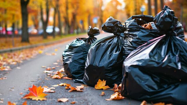 Huge garbage piles after the fair, stacks of trash bag in street city