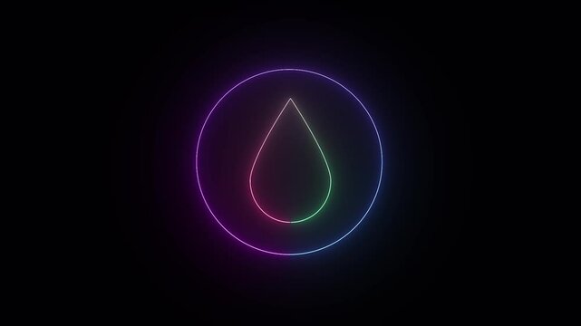 Neon line Water drop icon on black background. Water icon neon line animation.
