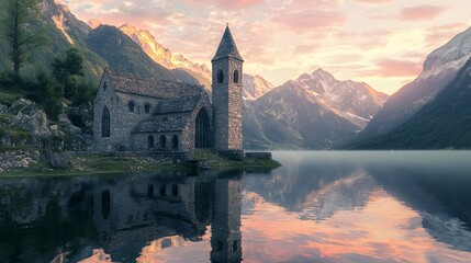 Fototapeta premium Ancient Church on a Lake in the Mountains at Sunset.
