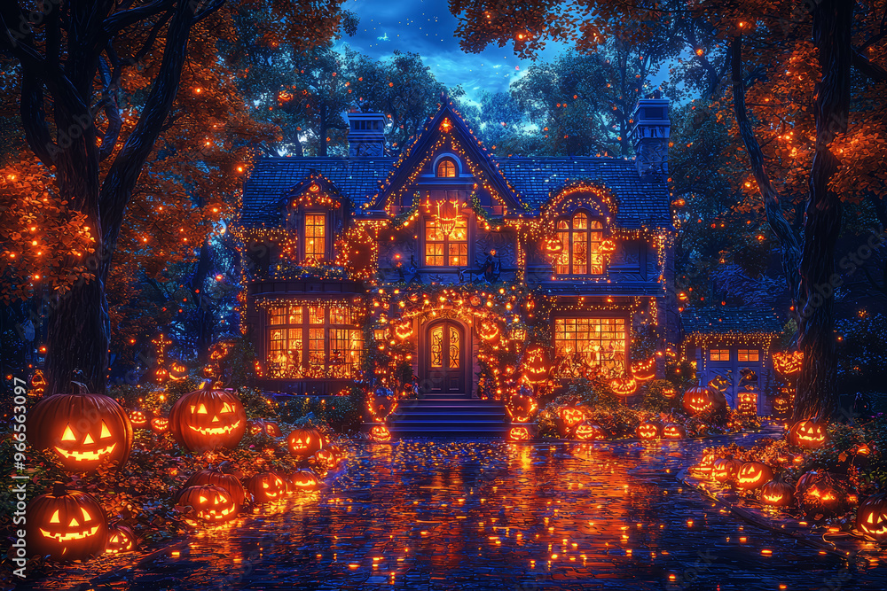 Poster a halloween-themed smart home where all decorations and lighting are controlled by voice commands an