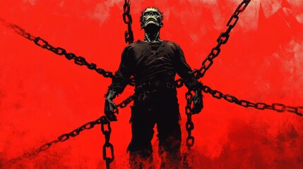 Frankenstein monster in chains against a red background