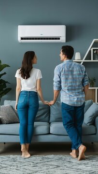 Standing in the living room a young couple is gazing at the white r conditioner agnst the grey wall