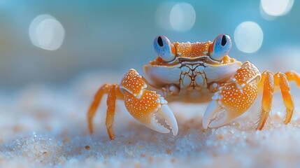 Image of adorable pair of tiny crabs on sandy beach vibrant shell colors macro detail soft bokeh ocean background printed on Printed Glass Splashbacks