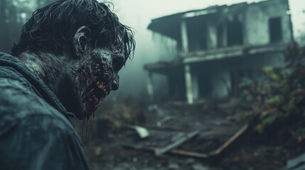 Fototapeta premium A zombie with its lower jaw missing, blood dripping from its exposed throat, standing in front of a decayed building, thick fog rolling in.