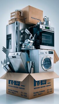 Household appliances packed in a moving cardboard box