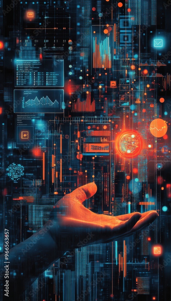 Poster futuristic digital illustration of a hand interacting with dynamic data visualizations and technolog