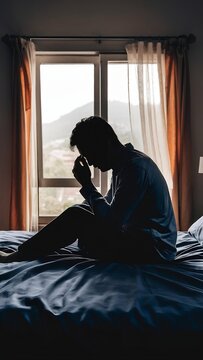 Silhouette of a man sitting on a bed holding his head
