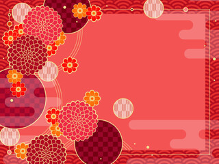 赤いダリアの背景、和風のレトロポップなフレーム