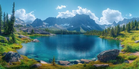 Obraz premium A Tranquil Mountain Lake Surrounded by Lush Greenery and Majestic Peaks