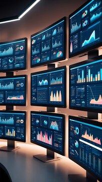 Wall of computer monitors displaying data analytics dashboards