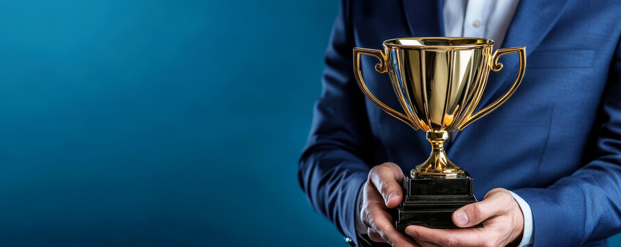 Businessman or boss holding champion golden trophy for winner, success and achievement award in business concept. Man in a suit with a gold trophy prize on blue background.