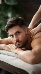 Handsome man relaxing and enjoying a deep tissue back massage at the spa salon