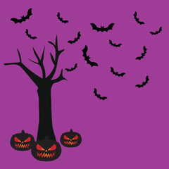 halloween pumpkins next to a tree on a colored background, halloween background