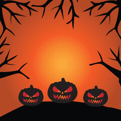 halloween pumpkins surrounded by dry tree branches on colored background, halloween background