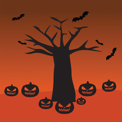 halloween pumpkins next to a tree on a colored background, halloween background