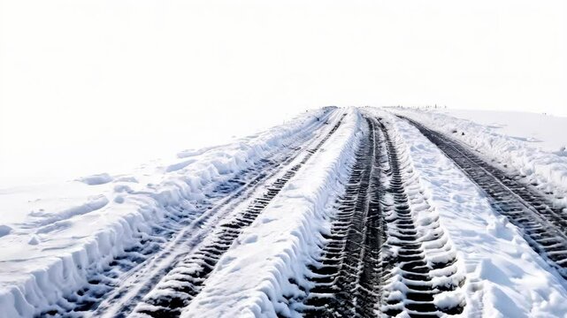 Car tire track in deep snow, winter scene 