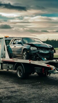 Damaged car on flatbed tow truck after accident