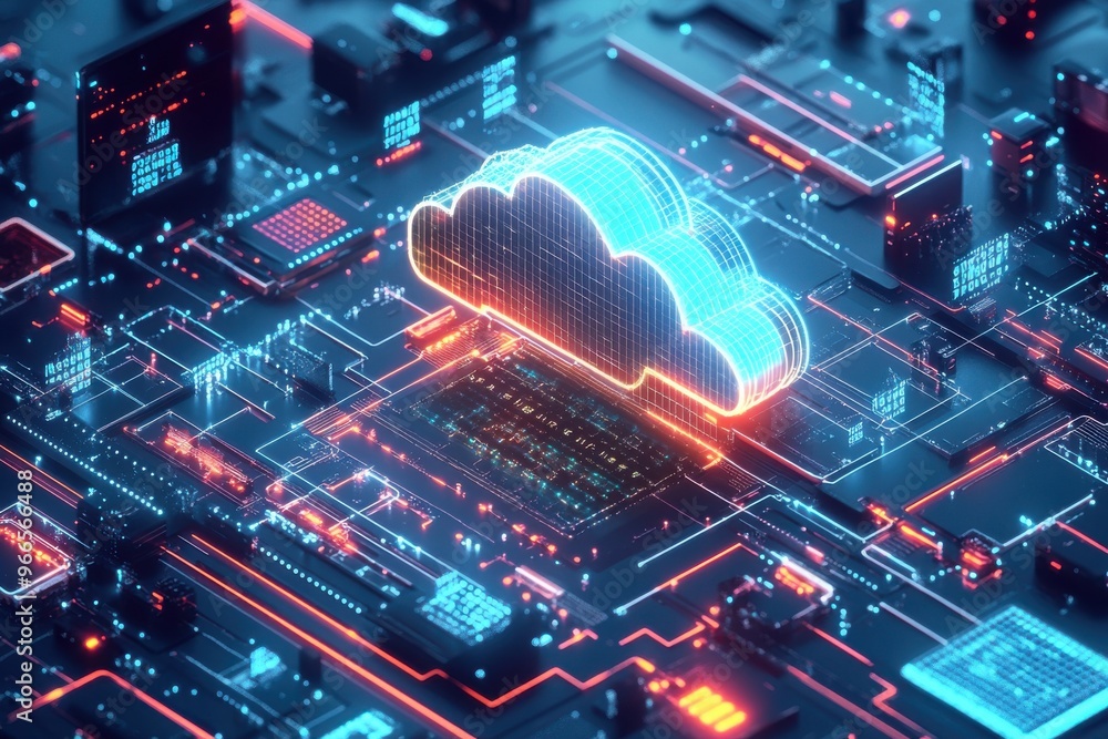 Poster digital illustration of cloud computing technology with vibrant neon colors and futuristic design on
