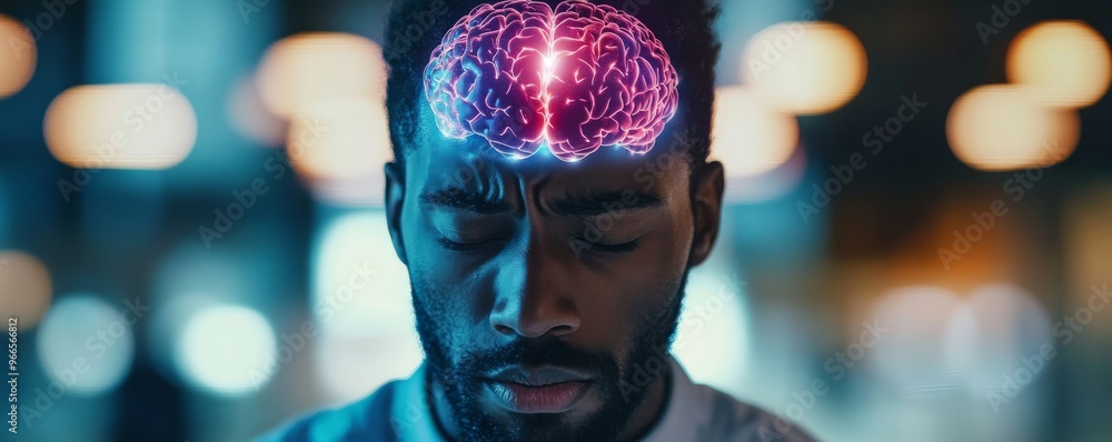 Poster man with digital brain overlay in contemplative mood, futuristic technology and consciousness concep