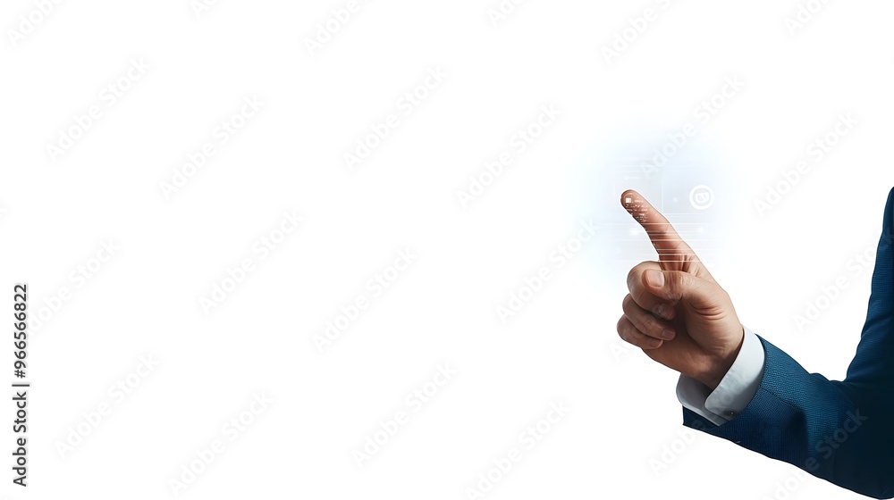 Poster businessman gesturing toward virtual interface on clean background