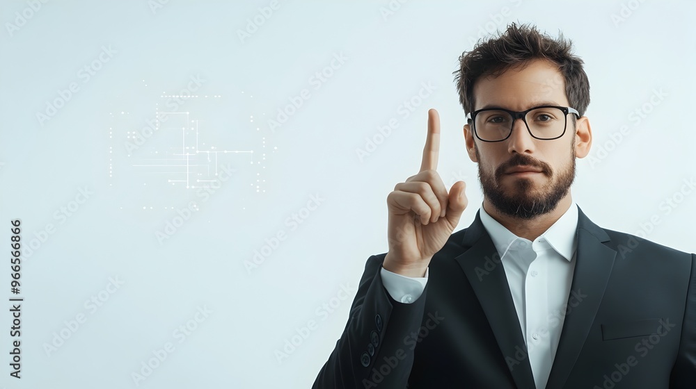 Poster Businessman Gesturing Towards Invisible Tech Interface on White Background