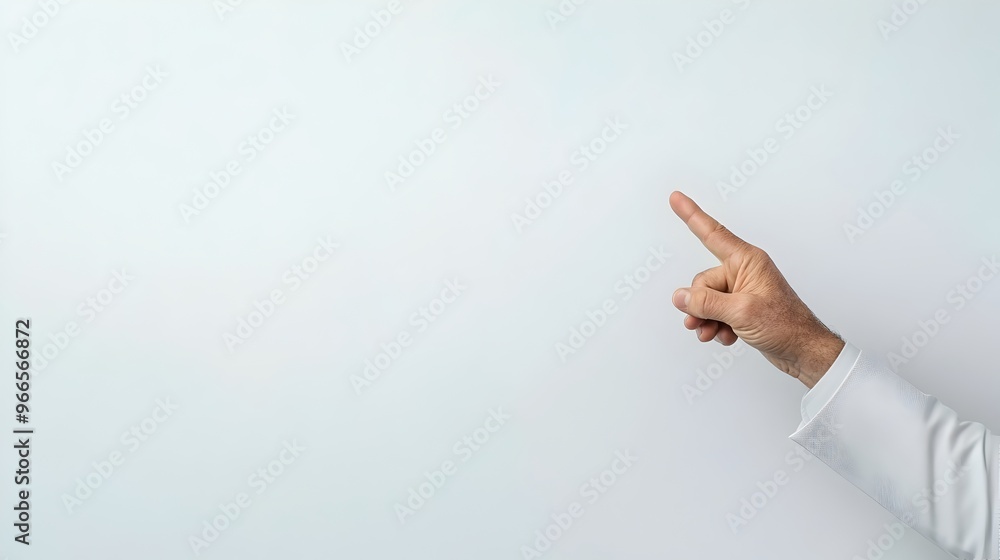 Poster businessman gesturing towards unseen display on white background