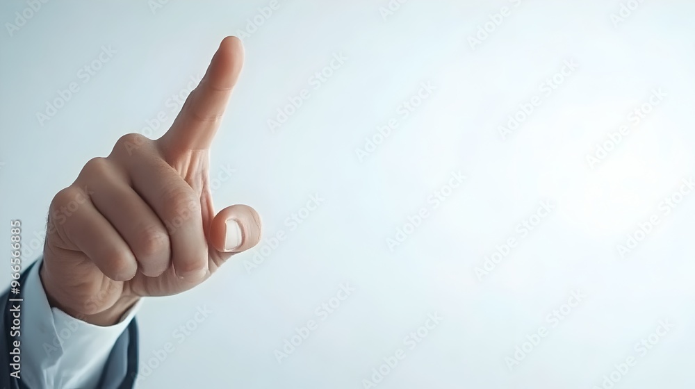 Poster Businessman Gesturing Towards Virtual Display with Empty White Background for Branding