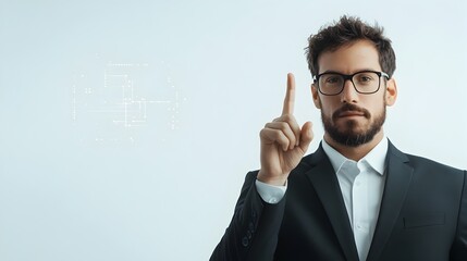 Businessman Gesturing Towards Invisible Tech Interface on White Background