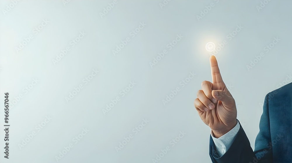 Poster businessman in suit interacting with invisible digital interface on white background