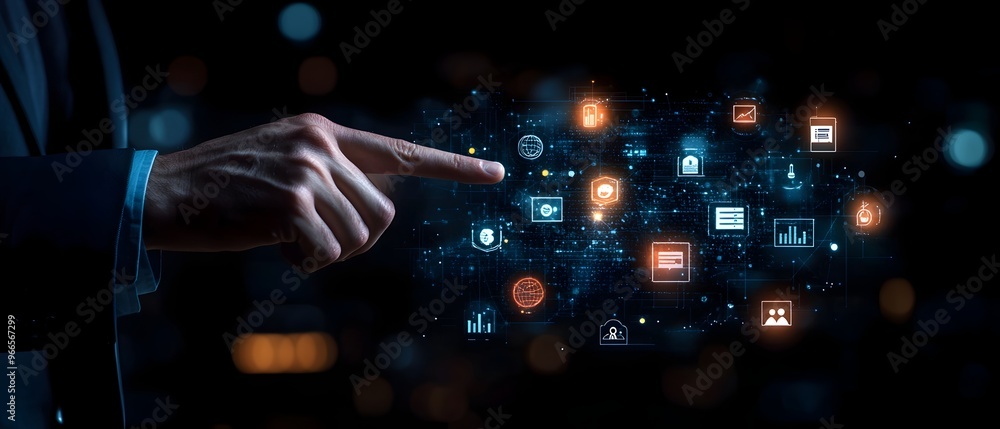 Poster businessman pointing at glowing business icons in minimalist setting for ad content
